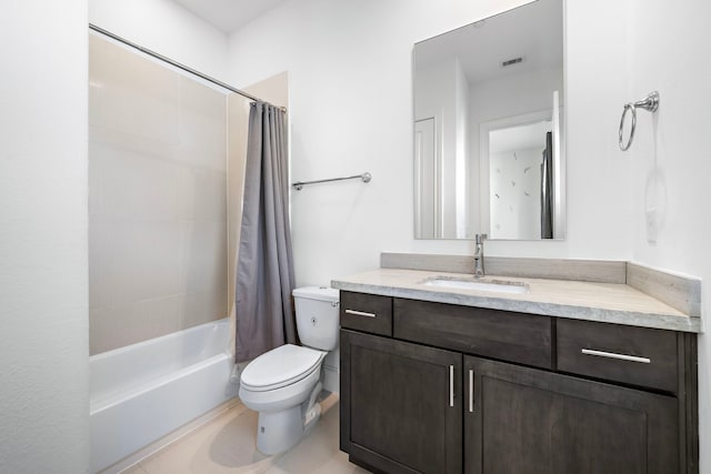 full bathroom featuring vanity, toilet, and shower / bathtub combination with curtain