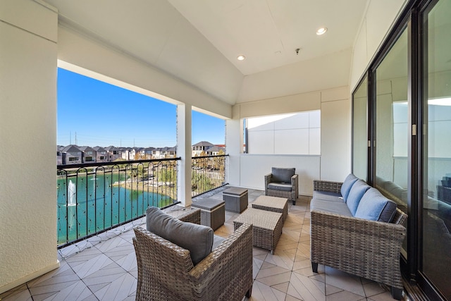 view of patio with an outdoor hangout area and a balcony