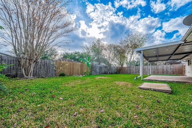 view of yard featuring a patio area and a fenced backyard