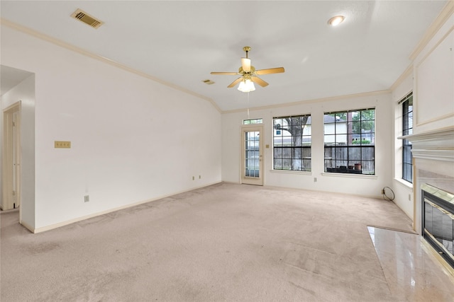 7810 Timberline Run Ln, Houston, TX 77095 - unfurnished living room with a premium fireplace, crown molding, carpet, and ceiling fan