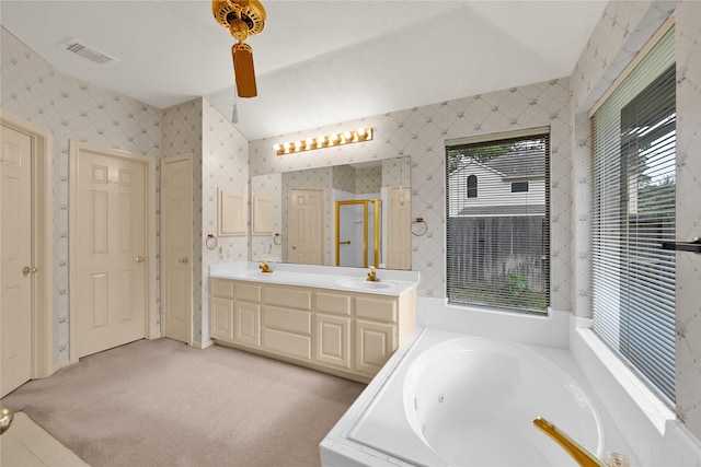 7810 Timberline Run Ln, Houston, TX 77095 - full bathroom with wallpapered walls, a whirlpool tub, double vanity, and a stall shower