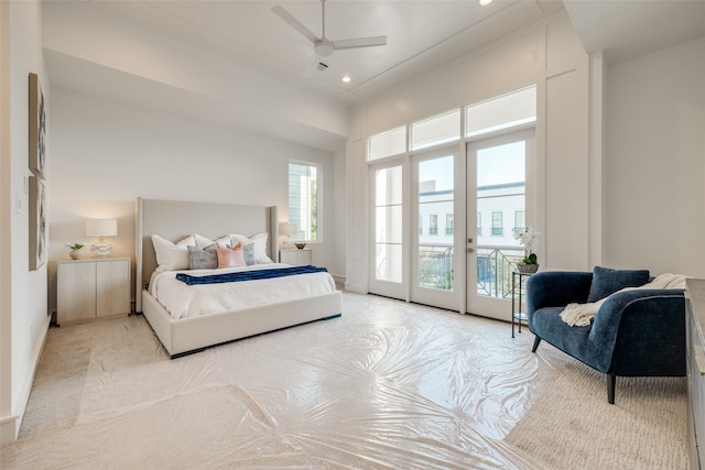 bedroom with baseboards, ceiling fan, light colored carpet, recessed lighting, and access to outside