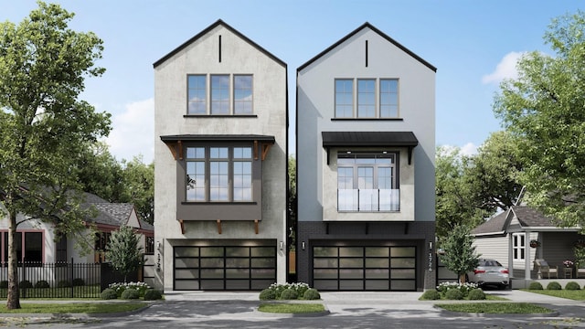 view of front of house featuring stucco siding, driveway, fence, an attached garage, and brick siding