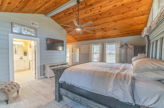 bedroom with light wood finished floors, wood walls, wooden ceiling, and visible vents