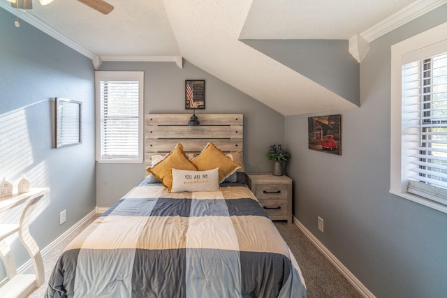 bedroom featuring crown molding, lofted ceiling, carpet flooring, a textured ceiling, and baseboards