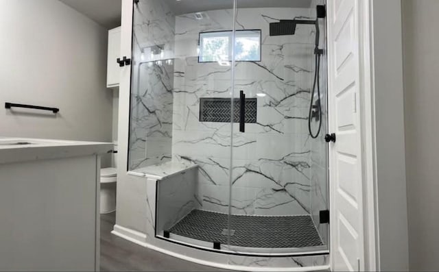 bathroom with walk in shower, vanity, wood-type flooring, and toilet