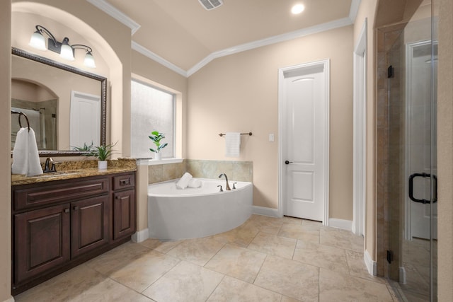 bathroom with tile patterned flooring, crown molding, lofted ceiling, vanity, and independent shower and bath