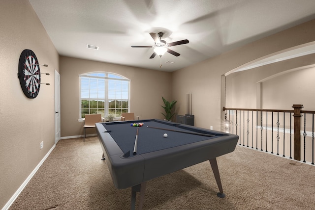 recreation room featuring carpet floors, ceiling fan, and billiards