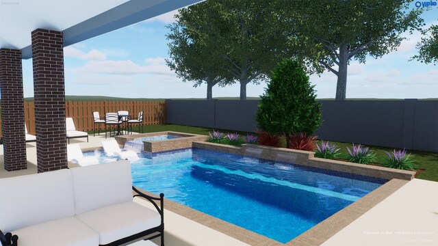 view of pool with pool water feature, a patio area, an outdoor hangout area, and an in ground hot tub