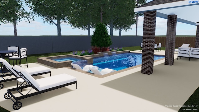 view of pool featuring an in ground hot tub and a patio