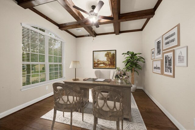 home office with beam ceiling, dark hardwood / wood-style floors, ceiling fan, and coffered ceiling