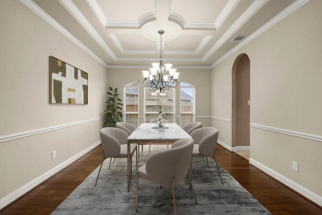 dining space with crown molding, dark wood-type flooring, coffered ceiling, and a notable chandelier