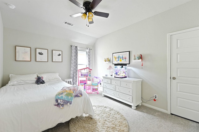 carpeted bedroom featuring ceiling fan and lofted ceiling