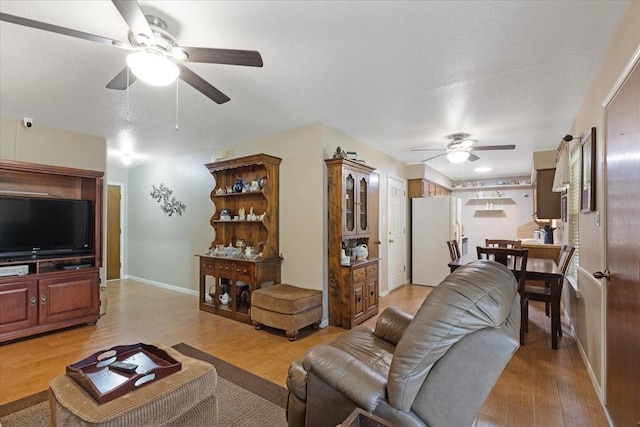 living room with a textured ceiling and light hardwood / wood-style floors