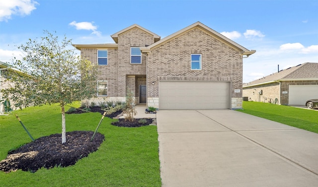 front facade with a front yard and a garage