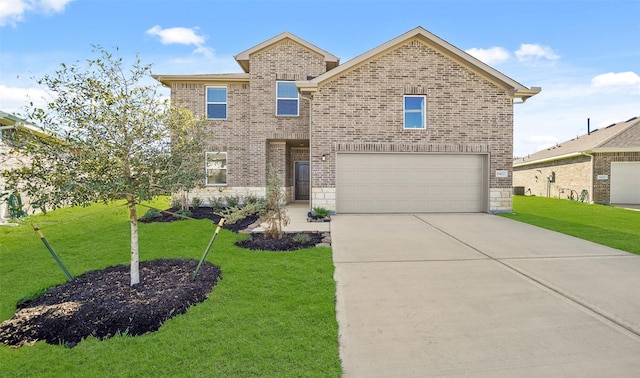 front facade with a garage and a front lawn