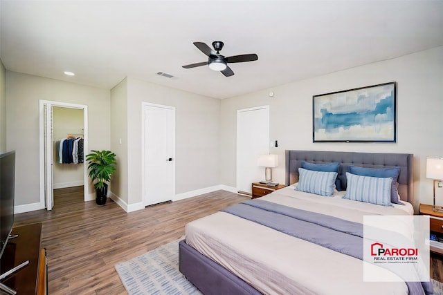 bedroom with dark hardwood / wood-style flooring, a walk in closet, a closet, and ceiling fan