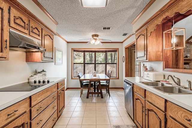 kitchen featuring black electric cooktop, sink, dishwasher, hanging light fixtures, and range hood