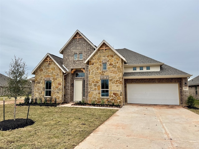 view of front of property with a garage and a front lawn