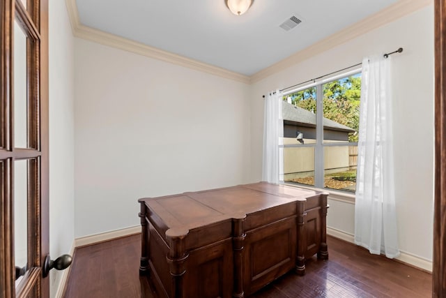 office space with dark hardwood / wood-style flooring and crown molding