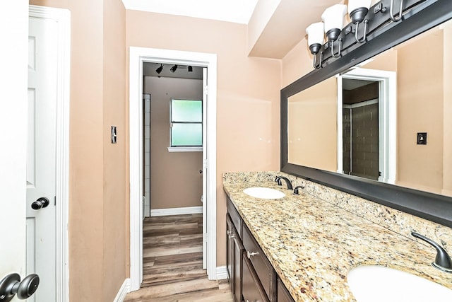 bathroom with vanity, toilet, and wood-type flooring