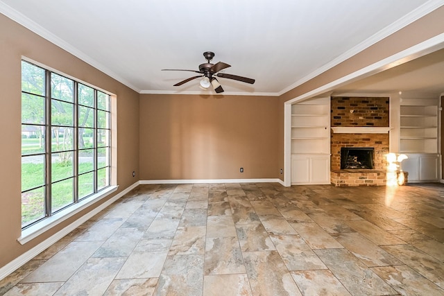 unfurnished living room featuring plenty of natural light, ceiling fan, built in features, and a fireplace