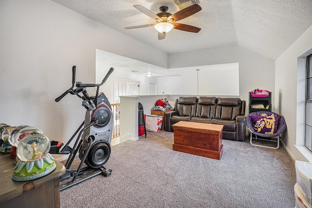 exercise area featuring carpet flooring, ceiling fan, and a textured ceiling