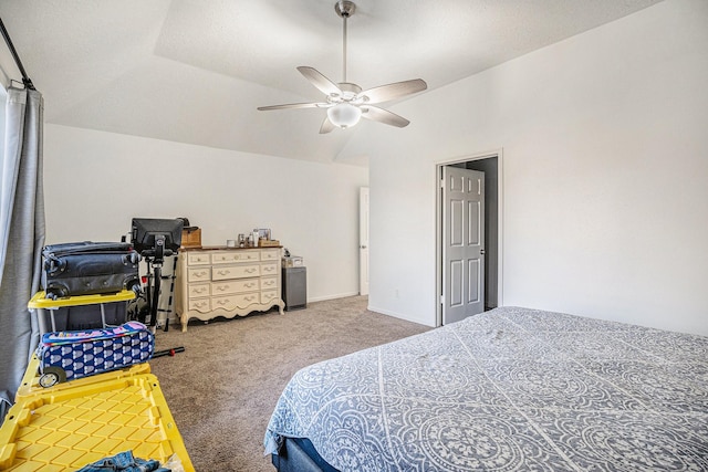 carpeted bedroom featuring ceiling fan and lofted ceiling