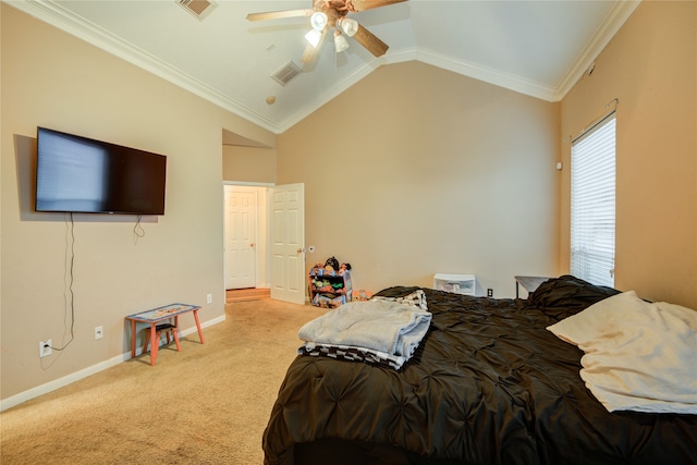 bedroom with carpet flooring, ceiling fan, lofted ceiling, and ornamental molding