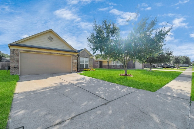 ranch-style home with a front lawn and a garage