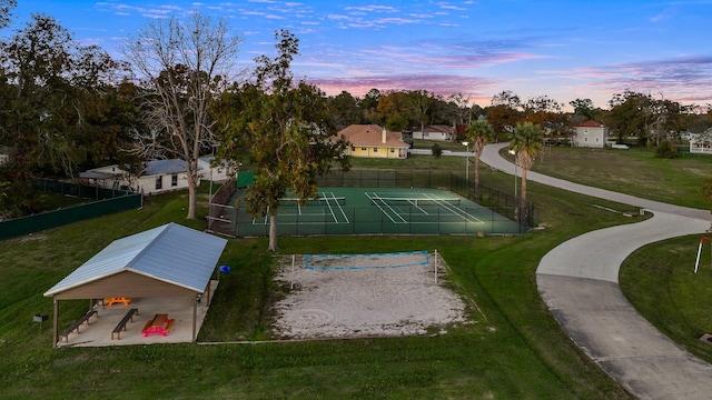 view of aerial view at dusk