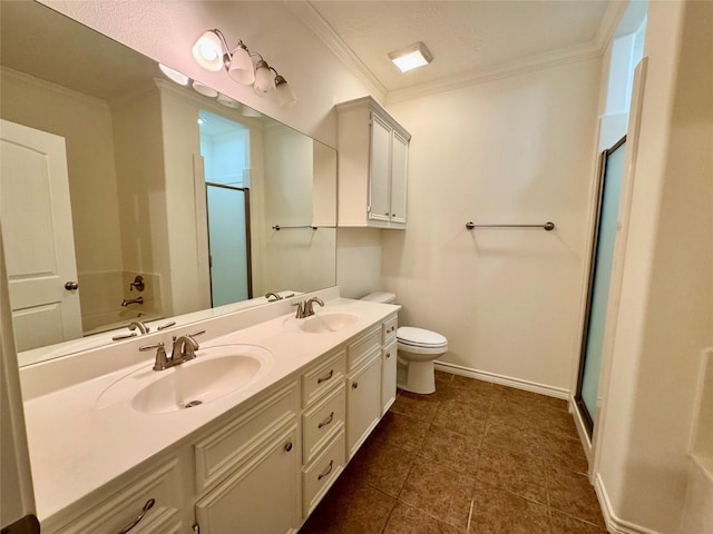 full bathroom with plus walk in shower, tile patterned flooring, toilet, and ornamental molding