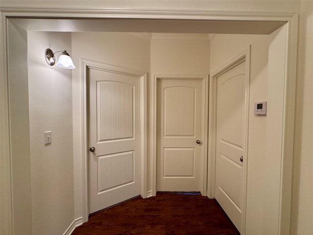 hallway featuring dark hardwood / wood-style flooring and ornamental molding