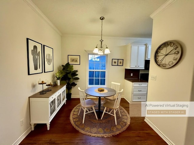 dining room featuring crown molding, dark wood-type flooring, and a chandelier