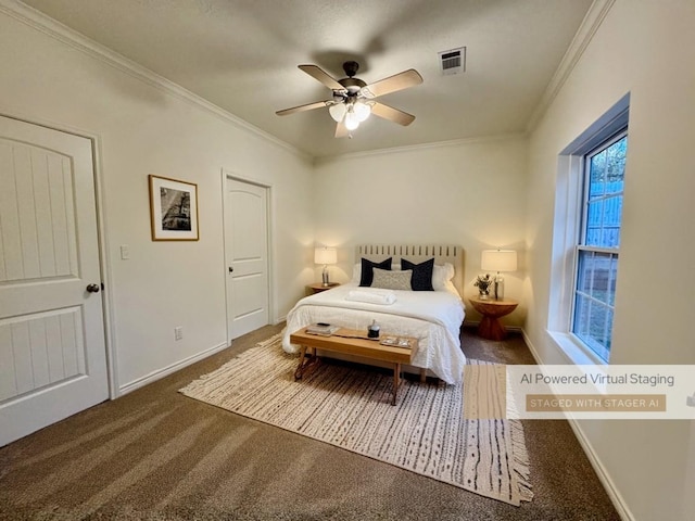 bedroom with ceiling fan, ornamental molding, and carpet floors