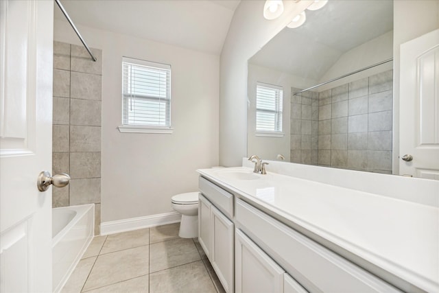 full bathroom with tile patterned floors, vanity, a healthy amount of sunlight, and lofted ceiling