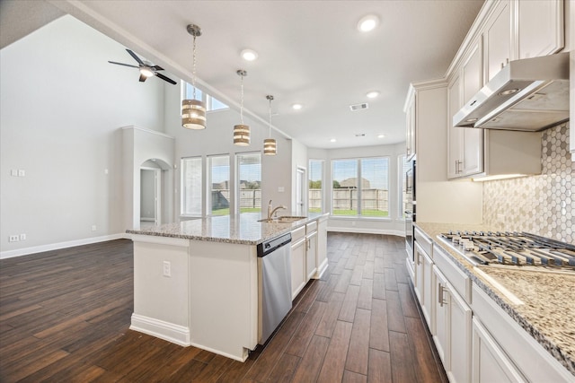 kitchen featuring ventilation hood, stainless steel appliances, a kitchen island with sink, dark wood-type flooring, and white cabinets