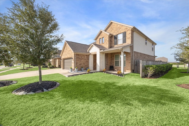 view of front of home with a garage and a front lawn