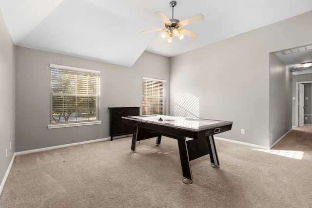 411 White Oak Pointe, League City, TX 77573 - game room with ceiling fan, lofted ceiling, baseboards, and light carpet