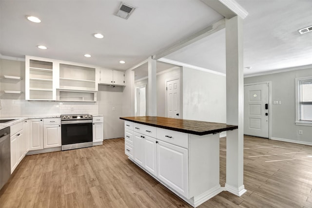 kitchen featuring white cabinets, light hardwood / wood-style flooring, appliances with stainless steel finishes, and wooden counters