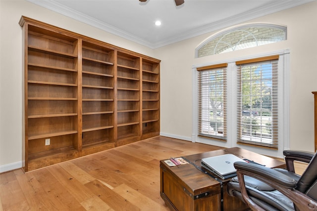 office space featuring light hardwood / wood-style floors, ceiling fan, and ornamental molding