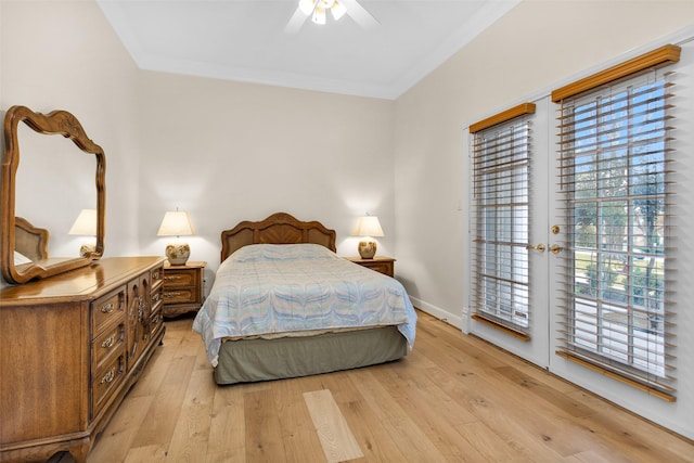 bedroom with ceiling fan, access to exterior, ornamental molding, and light hardwood / wood-style flooring