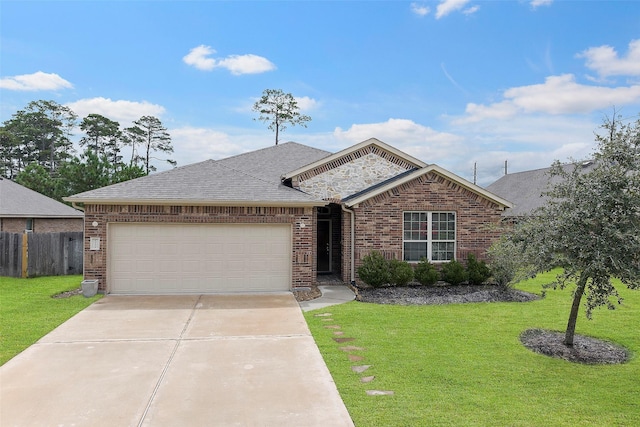 ranch-style home with a garage and a front lawn