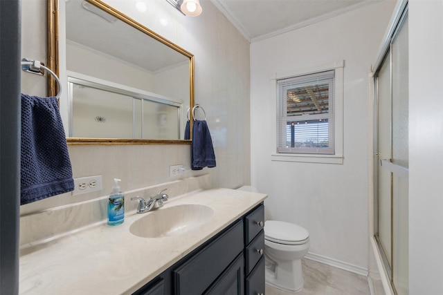 full bathroom featuring vanity, toilet, shower / bath combination with glass door, and crown molding