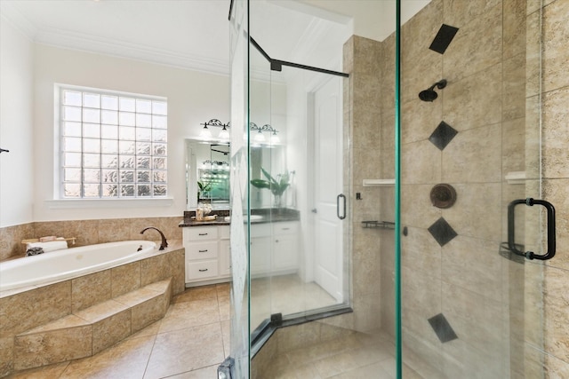 bathroom featuring separate shower and tub, crown molding, tile patterned flooring, and vanity