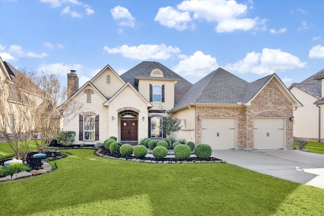 french country style house with a garage, a front yard, and french doors