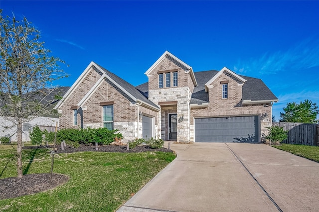 view of front of home with a garage and a front lawn