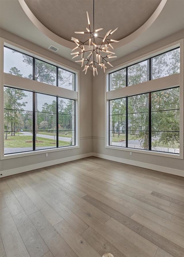 empty room featuring a raised ceiling, light wood-type flooring, and a wealth of natural light