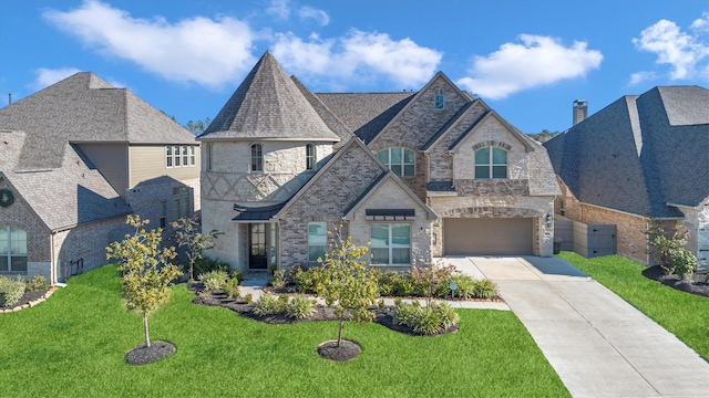 view of front of property featuring a front yard and a garage