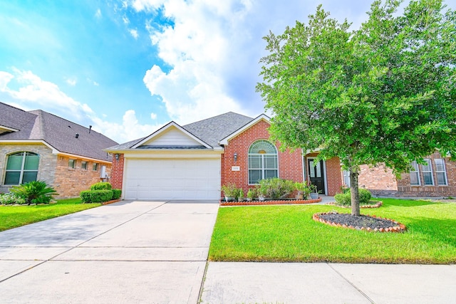 view of front of home with a front lawn and a garage